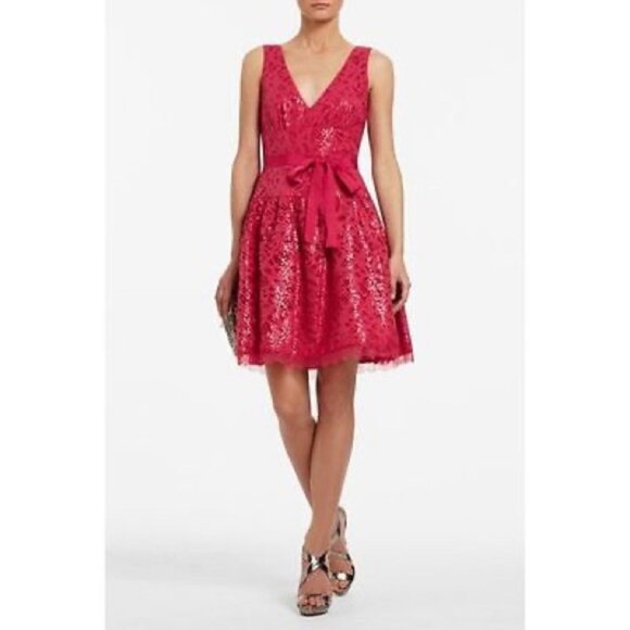 NWT BCBGMAXAZRIA Katarina Lace Sequin Pink V-neck Open Back Dress in Women's 12 - Picture 1 of 12